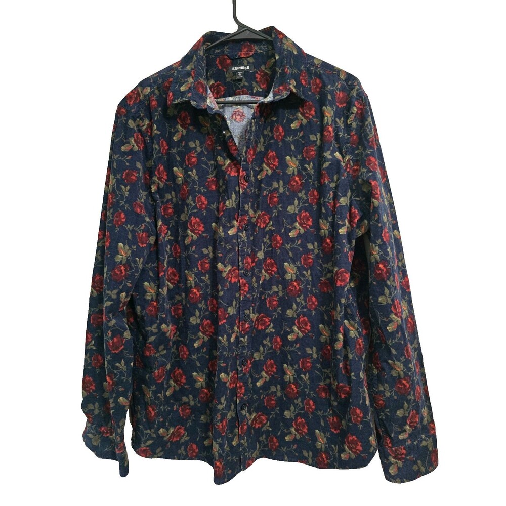 Express Size XL Mens Shirt Dark Blue Floral Corduroy Button Up Top